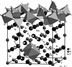 Ø Fig. 1. Crystal structure of Y3Al5O12, showing one layer of the three-dimensional network of tilted AlO6octahedra and AlO4 tetrahedra as well as one YO8dodecahedron.