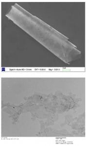 Fig. 2. top: TEM image of a nanoscroll formed by CDG under low concentration (4 μg/mL). Bottom: TEM image of CDG sheets under high concentration (20 μg/mL).