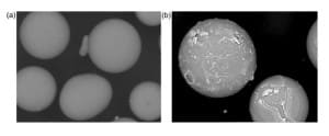 Figure 4. (a) Uncoated silica particles and (b) titania coated silica particles. 