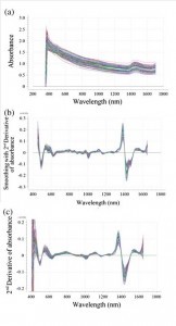 Fig. 6. Absorbance data for developing the calibration model. (a) Original absorbance, (b) pretreated absorbance using smoothing and 2nd derivative, (c) pretreated absorbance using 2nd derivative.