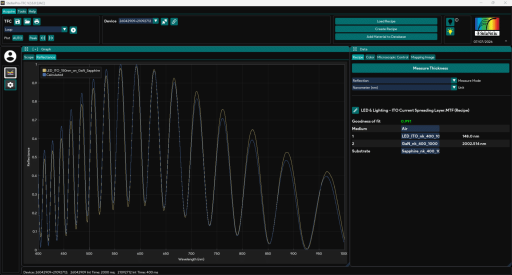 StellarNet Thin Film Measurement System (TF-VIS) measuring an indium tin oxide (ITO) current spreading layer on gallium nitride (GaN) and sapphire using optical reflectance spectroscopy for thin film thickness measurement, optical modeling, LED manufacturing, MicroLEDs, VCSELs, and photonic device characterization.