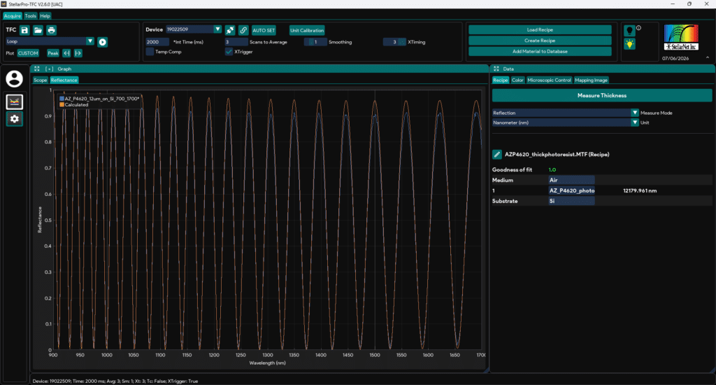 StellarNet Thin Film Measurement System (TF-NIR) measuring thick photoresist film thickness using reflectance spectroscopy for semiconductor process monitoring, wafer characterization, and thin film metrology.