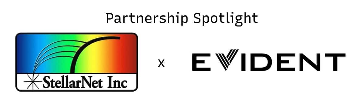 logos of StellarNet, a miniature spectrometer manufacturer and Evident, a microscope manufacturer.